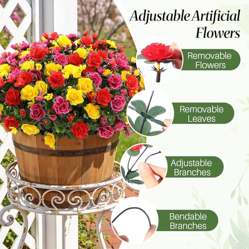 Alupssuc 8 Large Bundles Artificial Flowers for Outdoors Spring Decoration, UV Resistant Faux Flowers Silk Camellia Realistic Fake Flowers for Yard Planter Porch Balcony Garden, RedFuchsiaYellow - color: Red Rose Yellow