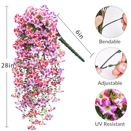 Waipfaru Artificial Petunias Flowers for Outdoors, 4 Pcs UV Resistant Fake Hanging Plants Spring Outside Decor, Faux Silk Flowers Long Trailing Vines for Outdoor Planters Porch Garden (Purple Fuchsia) - color: Rose, size: 4 PCS