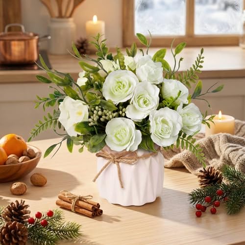 White Artificial Silk Roses with Ceramic Vase, No Maintenance Faux Flower Arrangement, 6.3 Inch Realistic Table Decor for Home Office Wedding - color: White