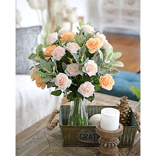 FiveSeasonStuff Fake Roses Wedding Flowers Real Touch Silk Cream Pink Artificial Flowers 12 Stems - color: Cream Pink