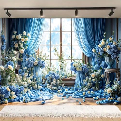 White Rose Floral Blossoms Backdrop Bridal Wedding Flowers Background Anniversary Ceremony Cake Smash Wedding Theme Party Decoration Valentine Kids Adults Woman Mom Photo Backdrop(Blue-2, 9x6feet) - color: Blue-2, size: 9x6feet