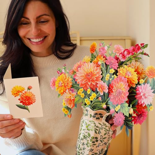 Freshcut Paper Dahlia Sunrise 14.5 Inch Life-Sized 3D Pop Up Cards – Greeting Card, Birthday, Mothers Day, Thank You, Gifts for Mom and Her – Includes Notecard and Envelope - color: Dahlia Sunrise, size: Classic