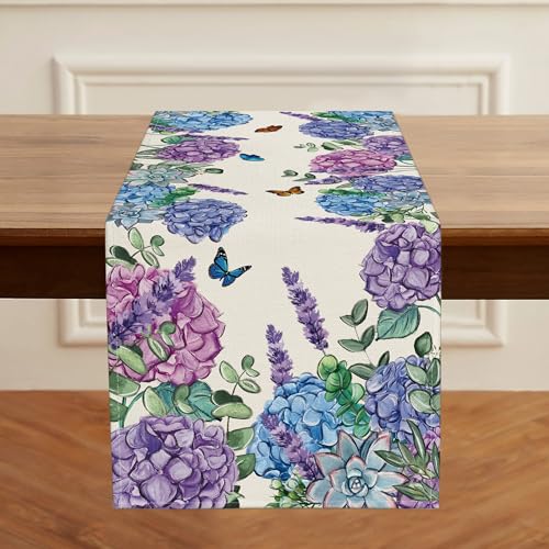 Spring Hydrangea Floral Table Runner Farmhouse Burlap Butterfly Flowers Seasonal Outdoor Summer Home Dining Centerpiece for Home Decor 13x72 Inch - color: Hydrangea, size: 13x72inch