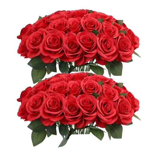 52pcs Red Roses Artificial Flowers Red Fake Flowers Silk Roses with Stems for DIY Wedding Bouquets Bridal Shower Centerpieces Arrangements Party Decorations - color: Red