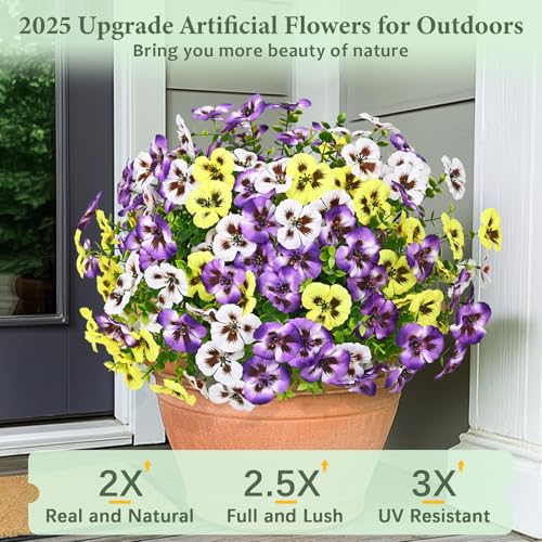 MARTINE MALL 36 Bundles Look Real Artificial Flowers for Outdoors, Realistic Fake Outdoor Flowers, UV Resistant Silk Pansy Flowers for Outside Faux Flower Plants for Outdoor Porch Garden, Mixed Colors - color: Yellow+white+purple, size: 36 Bundles