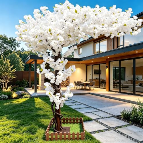 Artificial Cherry Blossom Trees Large 6ft,White Faux Cherry Blossom Tree,Fake Cherry Blossom Handmade Tree Indoor Outdoor for Wedding Party Restaurant Park Living Room(6x4ft) - color: White, size: 6x4ft