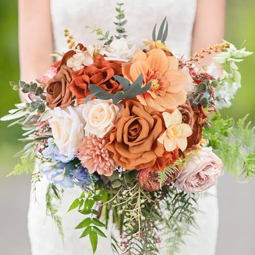 Terracotta Artificial Flowers Fake Roses with Stems Burnt Orange Floral Arrangements Bouquet of Flowers for Centerpieces Bridal Shower Party Home Fall Wedding Decor - color: Orange