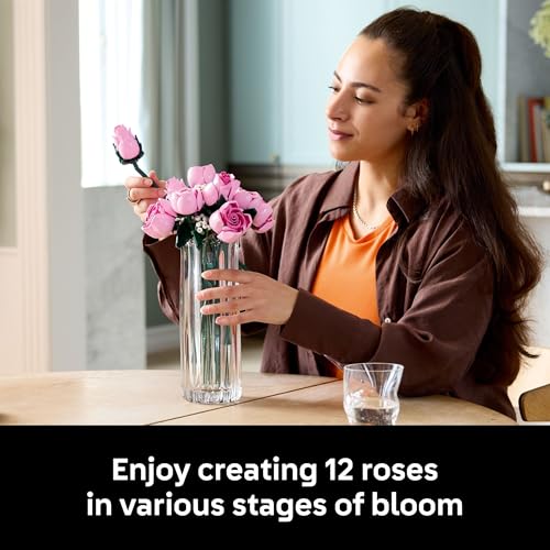 LEGO Botanicals Bouquet of Pink Roses Artificial Flowers - Building Blocks for Adults, Ages 18+ - Gifts for Birthdays for Her - Flowers for Home Office, Shelf or Room Decor - 10374