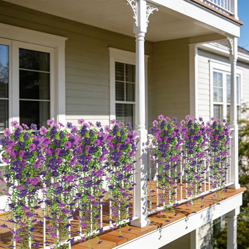 4 Pcs Artificial Hanging Flowers for Outdoor, Fake Silk Daisy Flowers Spring Summer Decoration UV Resistant Faux Plants for Planter Front Door Porch Patio Balcony Yard Decor, Double Purple - color: Double Purple