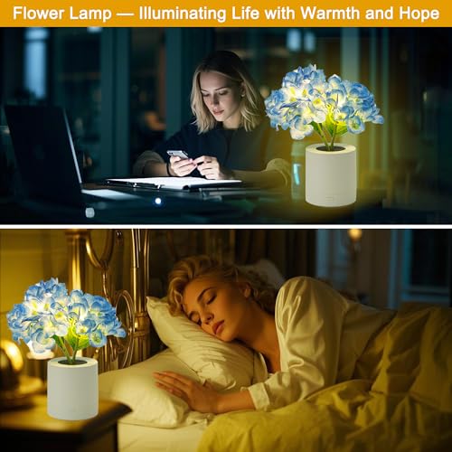 WSYEAR Blue Artificial Hydrangea LED Flower Lamp -Christmas Birthday Gifts for Women, Artificial Hydrangea Flower Table Lamp Decor for Bedroom Bar Coffee Shop Wedding - color: Blue Hydrangea