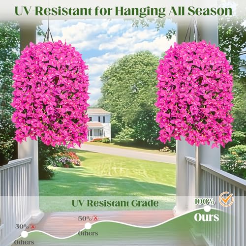 4Pcs Artificial Flowers Fake Hanging Plants for Outdoors | UV Resistant Realistic Silk Bougainvillea for Porch Patio Balcony Decoration (Purple) - color: Purple, size: 4 Pcs
