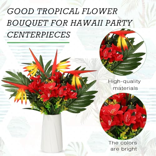 Hotop 4 Set/ 16 Pcs Artificial Tropical Flower Bouquets Bulk for Hawaii Centerpieces Bird of Paradise Lily Bouquet Permanent Flower Tropical Plant Party Office Home Decor (Bright Red) - color: Bright Red