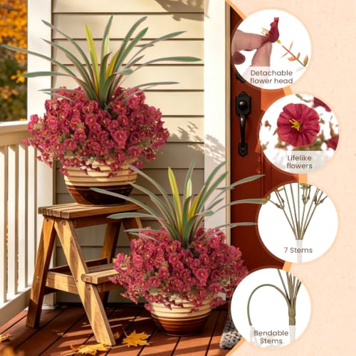 Artificial Flowers for Fall Outdoors Fake Plants Outside, 12 Bundles Silk Morning Glory with Eucalyptus UV Resistant Realistic Faux Flowers for Porch Planter Garden Patio Decor (Reddish Brown) - color: Reddish Brown