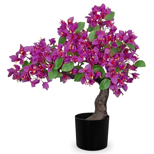 Briful Artificial Bougainvillea Flower Plant 20.8" Bougainvillea Bonsai Tree with Black Pot Silk Bougainvillea Floral Centerpiece for Home Office Room Table Shelf Mantle Decor(Purple) - color: Purple