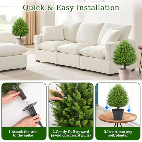 31" Artificial Cedar Topiary Ball Trees with Ground Spike,2 Pack Fake Bushes Shrubs Pine, UV Resistant Faux Evergreen Cypress Tree Plants for Indoor Outdoor Planters Front Porch Garden Decor