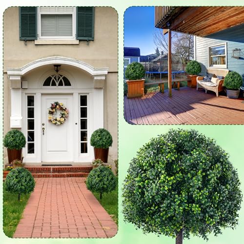 28 Inch Artificial Boxwood Trees, 2 Sets Faux Boxwood Topiary with Spikes, Pot Filler Fake Shrubs Plants for Outdoor Planters, Round Topiary Bush Balls Front Porch Home Garden Spring Decor - color: 28" Boxwood
