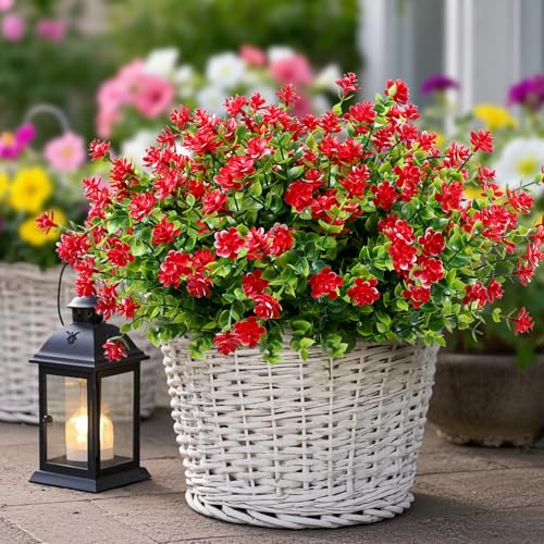 12 Pack Artificial Flowers & Plants for Outdoor Decor - Faux Eucalyptus & Lavender Greenery Shrubs - Fake Plants for Garden, Porch, Patio, Cemetery - Spring & Autumn Home Decoration - color: Red