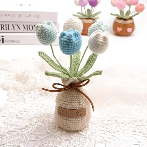 Crocheted Tulips, Hand-Woven Potted Plants, Permanent Tulips, Used for Creative DIY Table Decoration, Birthday Gift ，Graduation Ceremony, Christmas and Thanksgiving (5 Flowers-Blue) - color: Blue B, size: B