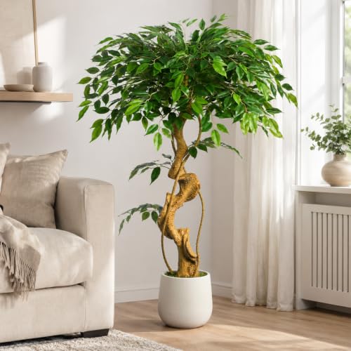 4FT Artificial Ficus Tree, 48in Fake Silk Tree with Curved Trunk & 930 Lush Leaves, Faux Floor Plant with White Pot, Low-Maintenance Decor for Home, Office, Patio - color: Ficus Tree 4ft