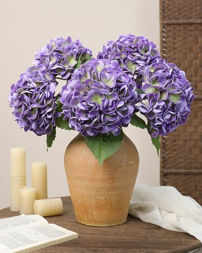 5pcs Purple Hydrangea Artificial Flowers Real Touch Latex Large Fake Hydrangeas 21in Lifelike Full Dried Faux Hydrangeas Flowers for Home Decor Wedding Party Arrangements - color: Purple, size: 5Pcs