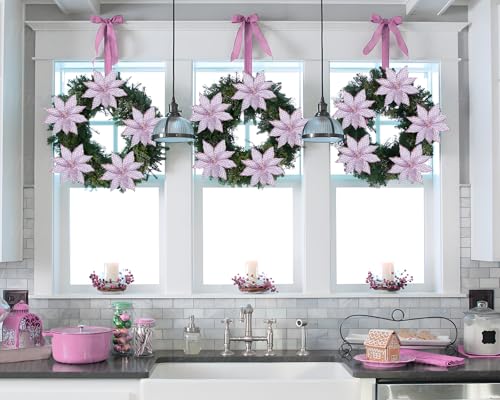Briful 3PCS Poinsettias Artificial Christmas Flowers 22.4in Long Stem Glitter Mesh Poinsettia Fake Christmas Tree Flower for Xmas Home Wreath Garland Floral Arrangement Holiday Decor, Pale Purple - color: Taro Purple