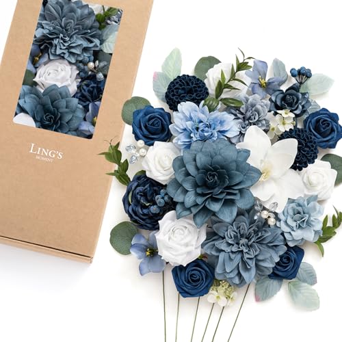 Ling's moment Fake Flowers Box, Faux Artificial Greenery Stems Foam Roses Gardenias Silk Dahlia Peony Fabic Flower for Centerpieces Bouquet Wedding Vase Decorations, Dusty Blue & Navy, Deluxe Combo - color: Blu-dusty Blue & Navy, size: Deluxe