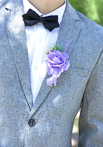 Ansofi Lavender Purple Corsage and Boutonniere Set, Prom Artificial Flower Wrist Corsage Bracelets, Homecoming Wristlet, Boutonniere for Men Wedding Flowers Accessories Prom Suit Decorations