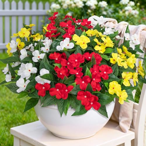 Artificial Flowers for Outdoors Decorations, 6 Bundles Realistic Impatiens Silk Faux Flowers UV Resistant Fake Plants for Outside Pot Patio Garden Porch Planters Window Box Balcony Indoor Home Decor - color: Multi Color