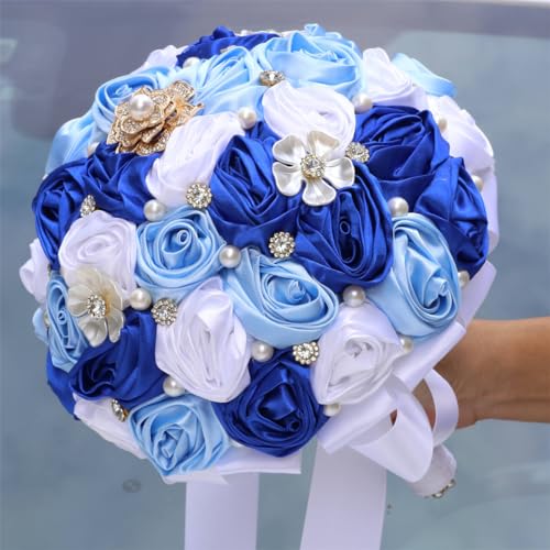 MaxxCloud 9.4‘’ Handmade Romantic Toss Bouquet for Bride Stunning Bridesmaid Brooch Wedding Bouquet with Jewelry Petals 2 Blue and White - color: 2 Blue+white, size: 9.4''/24cm