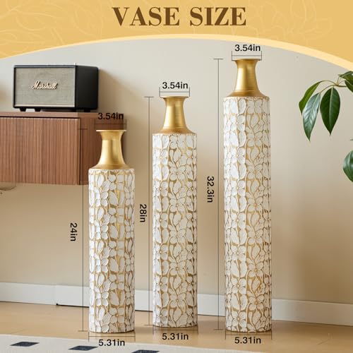 Tall Floor Vases Set of 3 for Decor Living Room Floor, Gold and White Vases Home Decor, Embossed Body Pattern, 32.3" H/28 H/24 H Geometric Cylinder (Gold 1) - color: Gold 1