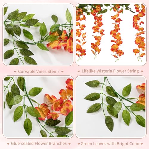 U'Artlines 10Pcs 7.2 Ft/Piece Artificial Wisteria Garland Silk Fake Orange Wisteria Flowers Hanging Greenery Vines Garlands Rattan for Home Garden Wedding Arch Party Indoor Outdoor Décor - color: Orange