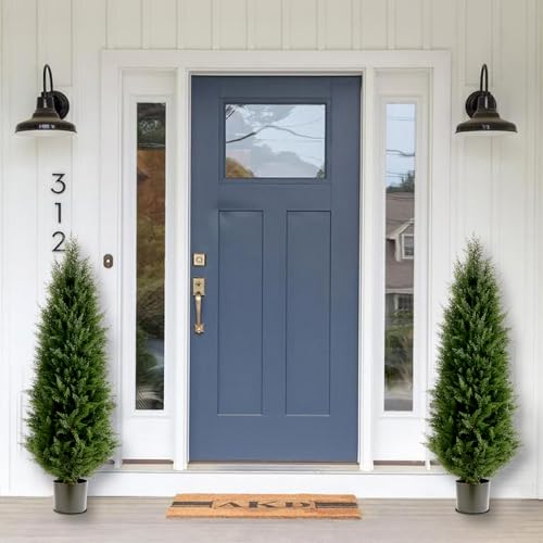 Artificial Topiary Tree Set of 2 Artificial Cedar Trees 4FT Uv Resistant Pine Potted Artificial Plants Outdoor Realistic Fake Plants Front Porch Decor Indoor Faux Cypress Trees