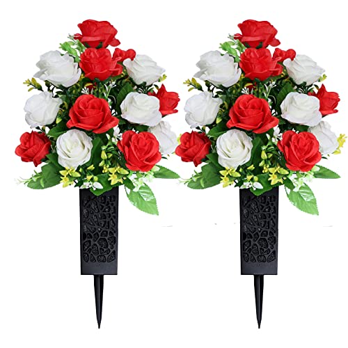 LVXINLI 2 Sets Artificial Cemetery Flowers,Memorial Flowers,Beautiful Arrangements for Headstones,Black Plastic vase with Drainage Hole Long Spikes Outdoor Memorials (Red and White)… - color: Red and White