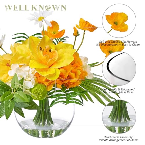 WELL KNOWN Artificial Silk Flowers in Glass Vase for Dining Table Decor, Tropical Orange Orchid Flowers Bouquet Arrangement with Faux Water for Home Office Wedding Party Dining Table Centerpieces Gift - color: Tropical Orange