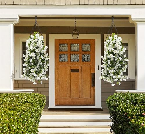 Artificial Flowers Garland 2PCS White Artificial Silk Morning Glory Vine Artificial Flowers Hanging Eucalyptus Garland for Wall Fence Arch UV Protected Indoor Outdoor Decor - color: White