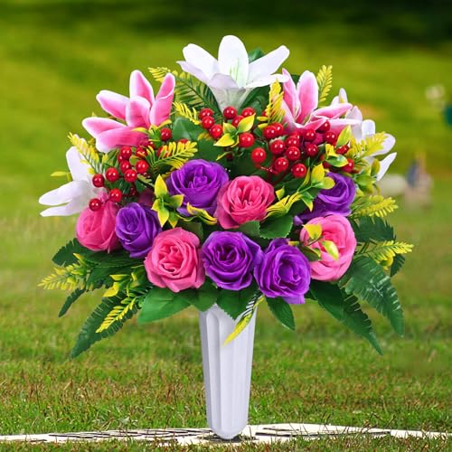 Dolicer 2 Sets Artificial Cemetery Flowers for Grave, Realistic Grave Flowers Memorial Flower UV Resistant Silk Rose Lily Flower with Vase for Cemetery Decorations (Colorful) - color: Purple, Pink, size: Flowers in Vase