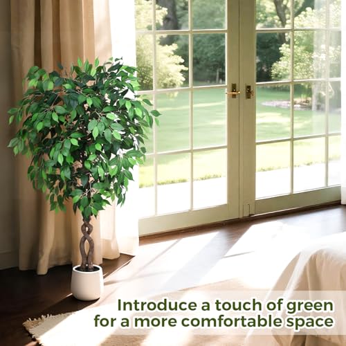 Jocoevol 5FT Artificial Ficus Tree, Tall Faux Trees Indoor with White Planter, Dried Moss, Natural Silk Leaves & Trunk, Fake Plants for Home Living Room Office Corner Decor Housewarming Gift - color: Green, size: 5ft