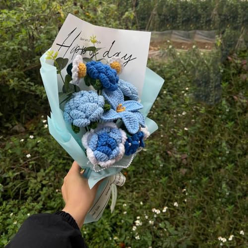 Completed Blue Crochet Flowers Bouquet, Handmade Knitted Bouquet, Crochet Artificial Flowers for Mother's Day, Graduation, Birthday, Wedding, Home Decor, Gifts (Blue Rose) - style: Blue Tulip & Rose