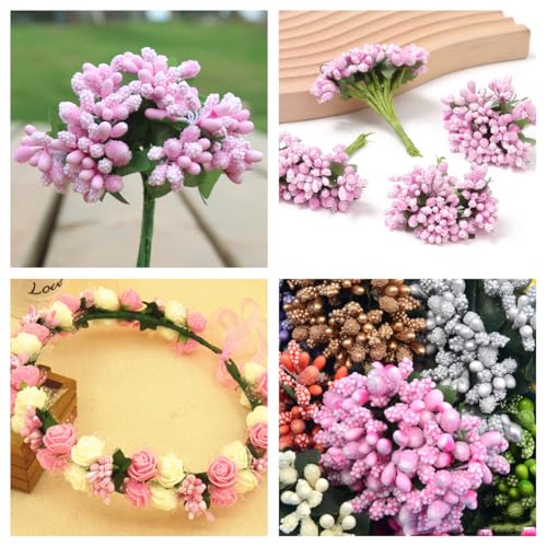 Rikyo Pink Artificial Mini Flower Stamen Pistil | 20mm, Soft Stem Tiny Berry for Make Bridal Hair Clips,Cake Top,Wrist Corsage Boutonniere,Candle Rings Wreath Bracelet Flower - color: Pink