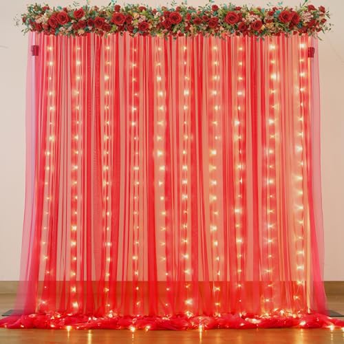 Red Tulle Backdrop Curtain with Lights String for Parites 10x8ft Red Sheer Backdrop Curtains Drapes for Birthday Party Bridal Shower Baby Shower Christmas Wall Photo Booth Background Decorations - color: Red, size: 10 ft X 8 ft(2 Panels 5ft X 8ft)