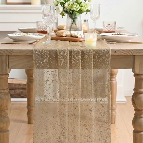 Artoid Mode Coffee Gold Gauze Table Runner 120 Inch 10FT, Glitter Metallic Foil Sheer Dining Wedding Anniversary Holiday Birthday Table Decor for Home Party - color: Coffee, size: 28" x 120"