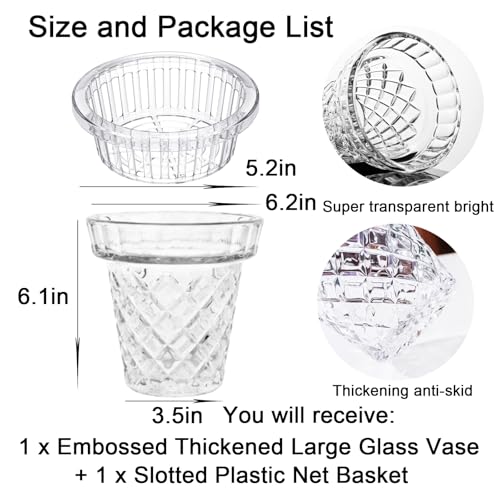 Thickened Glass Vase Embossed Big Base Large 6.1in Wide Mouth Rhombus Clear Vases Esmiome Bowl Bouquet Ribbed with a Hydroponic Baskets Vintage for Aquaponics Orchids Avocado Phalaenopsis Hyacinth