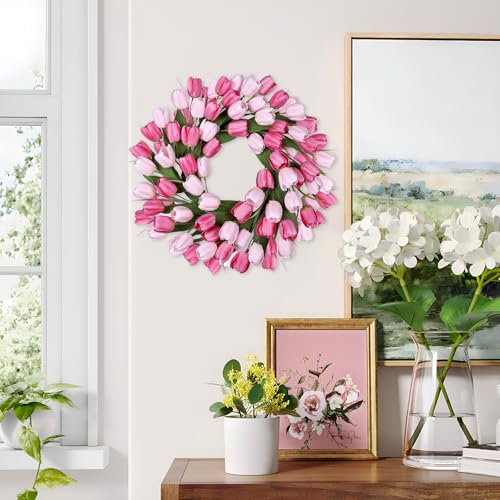 24 Inch Tulip Summer Wreath for Front Door Spring Silk Wreath with Green Leaves Artificial Tulip Flower Wreaths for All Seasons Farmhouse Porch Wall Living Room Home Widding Decor-Red - color: Red