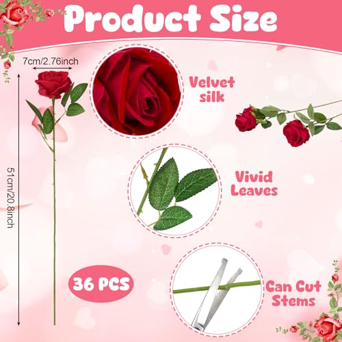 36 Pcs Velvet Silk Red Rose Bouquet Bridal Artificial Flowers,Fake Rose Long Stem Realistic Flowers Bulk for Wedding Bouquet Ball Arrangement Centerpiece Party Decor - color: Red
