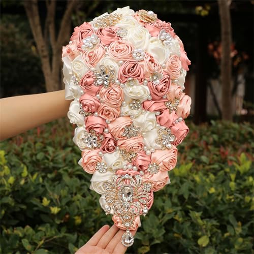 Handmade Satin Rose Water Drop Bridal Bouquet,8.7inch Crystal Wedding Round Tossing Bouquet,Jewelry Proposal Bridesmaid Bouquet Groom Corsage Bride Wrist Flower ivory (07#Ivory Champagne pink) - color: 07#ivory Champagne Pink