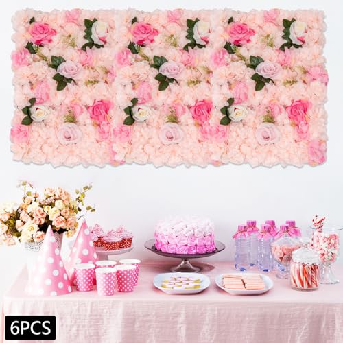 Set of 6 Artificial Flower Wall Panels, 3D Silk Rose & Dahlia Outdoor Decor, Waterproof Garden Wall Flowers for Balcony Fence, Patio, Wedding Backdrop - color: Pale Pink