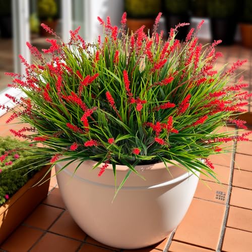 Artificial Faux Plants Flowers for Outdoor Decorations, Fake Monkey Grass for Outside Porch Patio, No Fade Realistic Greenery Plant, UV Resistant Artificial Bush Shrubs for Courtyard Window Garden - color: Red, size: 12 Pcs