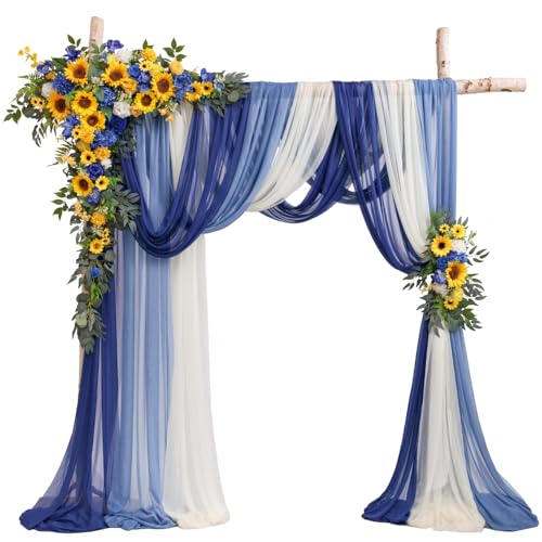 TINGE TIME Wedding Arch Flowers Kit - Deluxe 5pcs Artificial Floral Swag with 3 Sheer Drapes, Realistic Silk Flower Arrangements for Wedding Ceremony Arbor Backdrop Reception Party Home Decor - color: Sunflower & Royal Blue