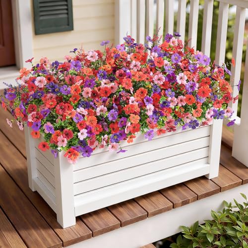 SHareconn 24 Bundles Artificial Flowers for Outdoors Decoration, Faux Plants Fake Silk Colorful Daisy Eucalyptus Lavender, UV Resistant for Outside Home Porch Indoor Spring Decor, 6 Colors incl. Brown - color: Redbrownpurpledeeppurpleorangepink