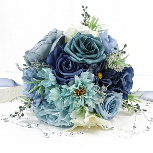 Wedding Bouquets for Bride Bridesmaid 8.5 Inch Dusty Blue Artificial Roses Flowers Bridal Bouquets for Bride Wedding Marriage Proposal Party Church Decoration - color: Blue